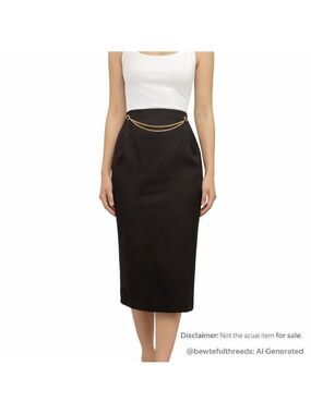 Vintage Korinna Wool-Blend Black Midi Skirt w/ Gold Chain (Size 12)